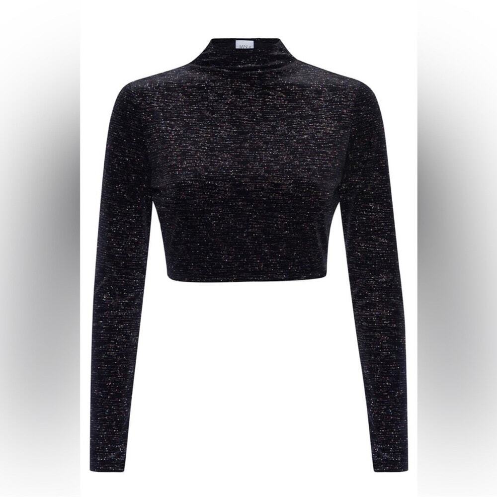 NEW MISA Yasmeen Long Sleeve Crop Top Rainbow Astral Shimmer Metallic Women's Lg